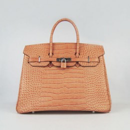 Hermes Birkin 35Cm Crocodile Stripe Handbags Orange Silver